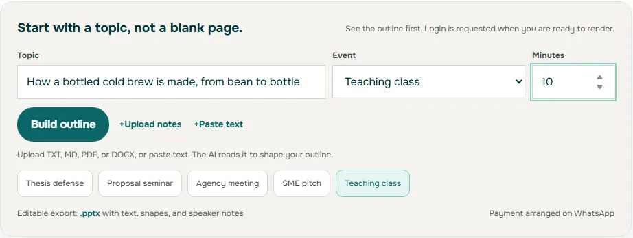 Screenshot of the Soluslide Start with a topic form filled with a bottled cold brew topic, the Teaching class event, 10 minutes, a Build outline button, and the note that the editable pptx export includes text, shapes, and speaker notes