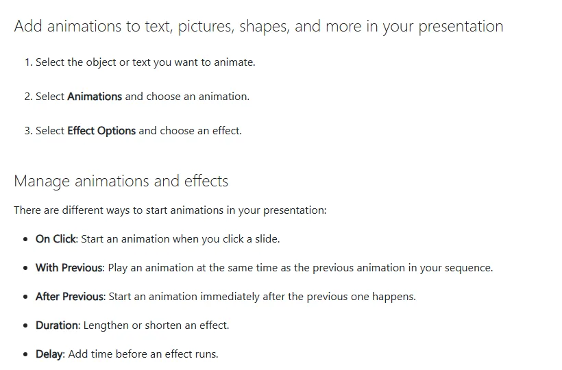 Screenshot of the Microsoft Support page Animate text or objects showing the three steps to add an animation and the start options On Click, With Previous, After Previous, Duration, and Delay