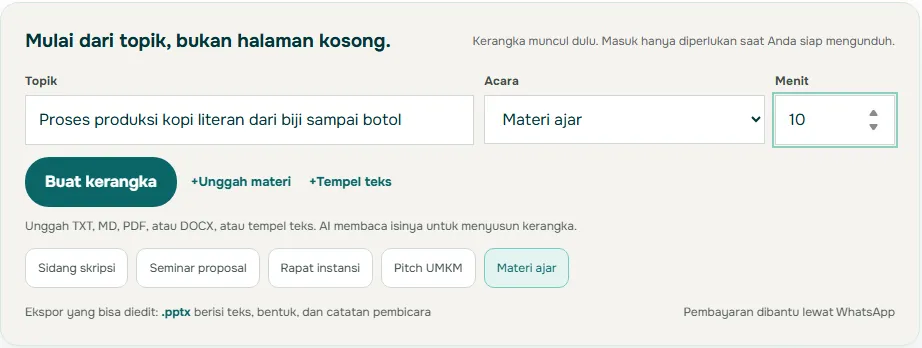 Tangkapan layar formulir Mulai dari topik di Soluslide berisi topik proses produksi kopi literan, acara Materi ajar, durasi 10 menit, tombol Buat kerangka, dan keterangan ekspor pptx berisi teks, bentuk, dan catatan pembicara