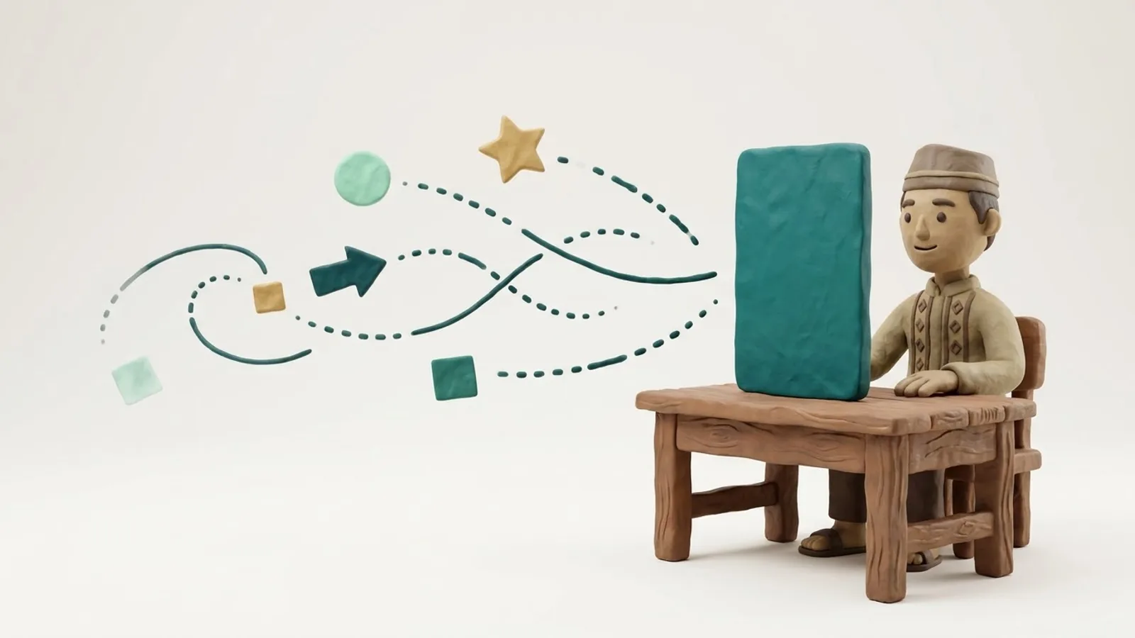 Clay illustration of a man sitting at a wooden table looking at a large upright teal slide tile while small shapes, a circle, a star, an arrow and a square, fly into the slide along curved dotted trails