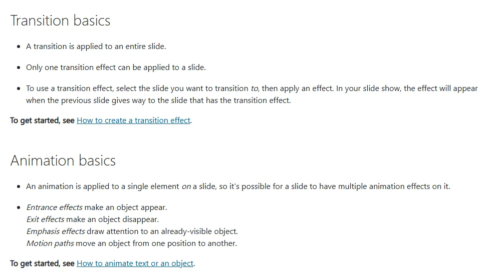 Tangkapan layar halaman Microsoft Support tentang perbedaan animasi dan transisi, berisi bagian Transition basics dan Animation basics dengan daftar efek Entrance, Exit, Emphasis, dan Motion paths