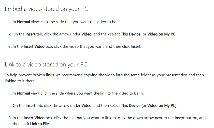 Screenshot of the Microsoft Support page showing the steps to embed a video stored on your PC and to link to a video stored on your PC, with the Insert tab, Video, This Device, and Link to File