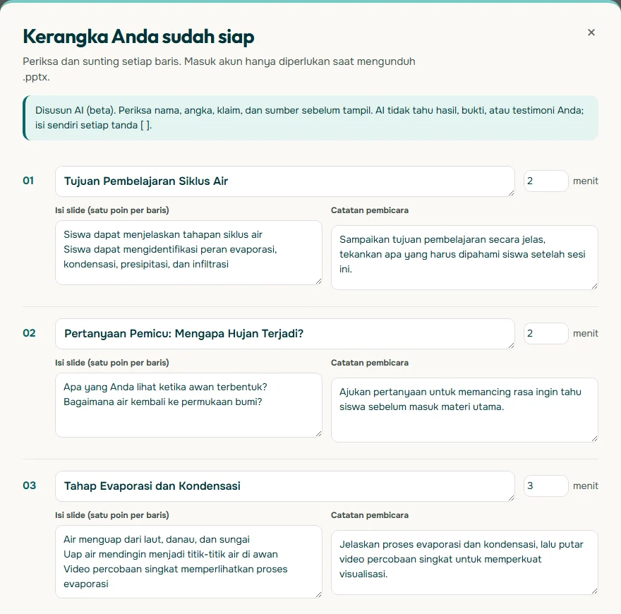 Tangkapan layar jendela Kerangka Anda sudah siap di Soluslide untuk materi ajar IPA siklus air, berisi tiga slide dengan judul, menit, isi slide, dan catatan pembicara; slide ketiga memuat poin video percobaan singkat tentang evaporasi