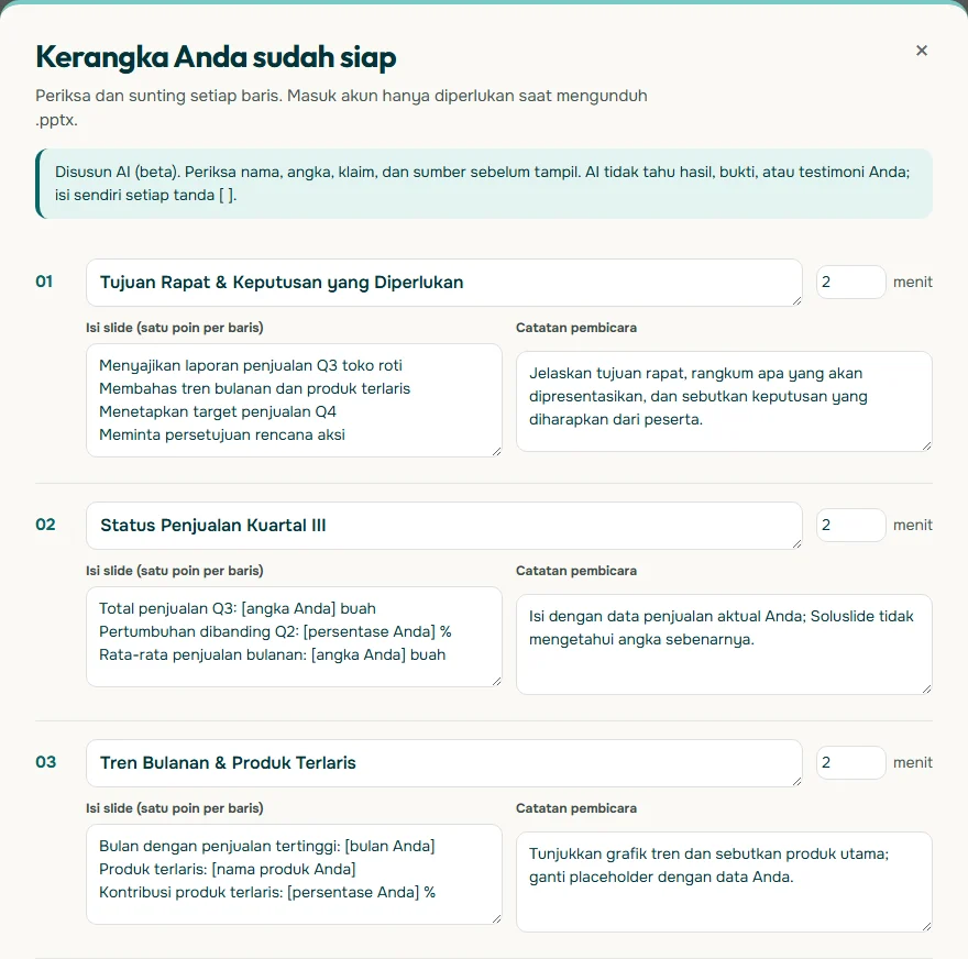 Tangkapan layar jendela Kerangka Anda sudah siap di Soluslide untuk topik laporan penjualan kuartal III toko roti, berisi slide Tujuan Rapat dan Keputusan yang Diperlukan, Status Penjualan Kuartal III, serta Tren Bulanan dan Produk Terlaris dengan tanda kurung siku untuk angka yang harus diisi sendiri