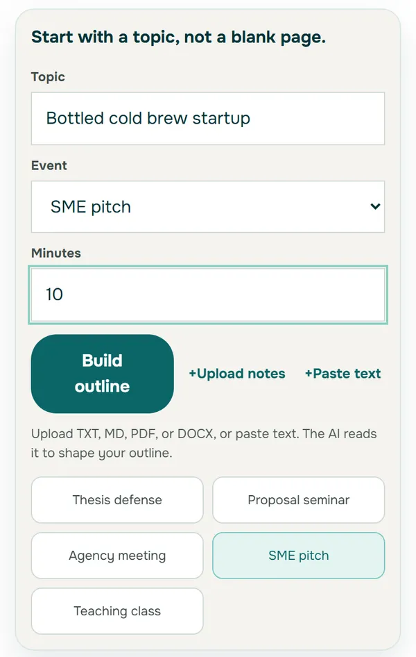 Phone screen with a form headed Start with a topic, not a blank page, showing the topic Bottled cold brew startup, the event SME pitch, 10 minutes, a Build outline button, and Upload notes and Paste text links