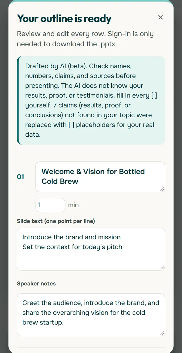 Phone screen headed Your outline is ready with an AI beta notice about 7 claims replaced with placeholders, then slide 01 titled Welcome and Vision for Bottled Cold Brew set to 1 minute, with slide text and speaker notes fields