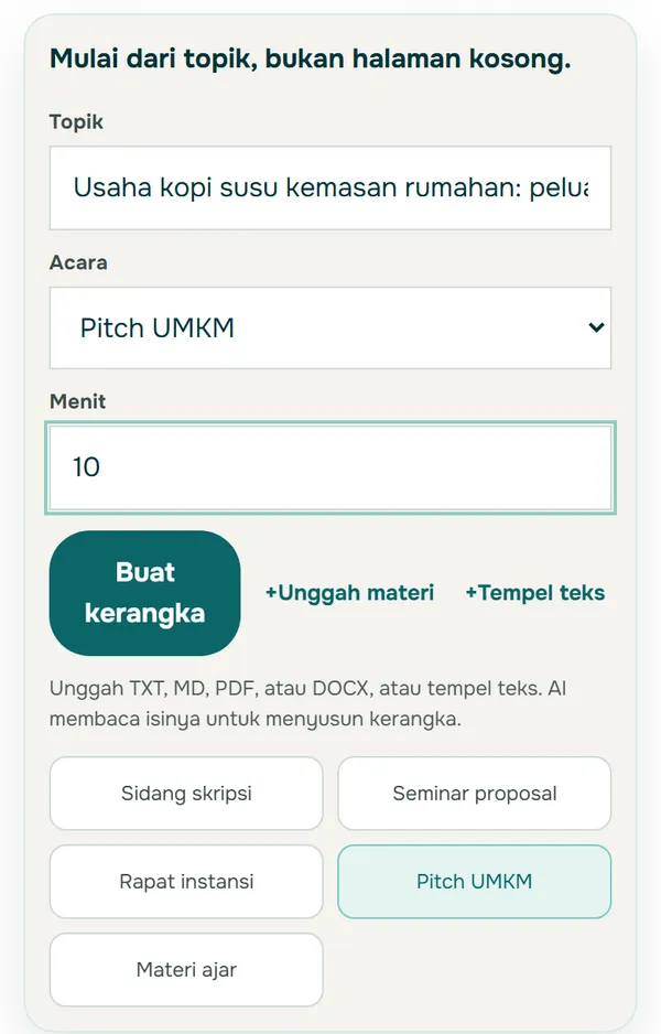 Tangkapan layar ponsel formulir penyusun kerangka Soluslide berisi topik usaha kopi susu kemasan rumahan, acara Pitch UMKM, durasi 10 menit, tombol Buat kerangka, serta pilihan Unggah materi dan Tempel teks