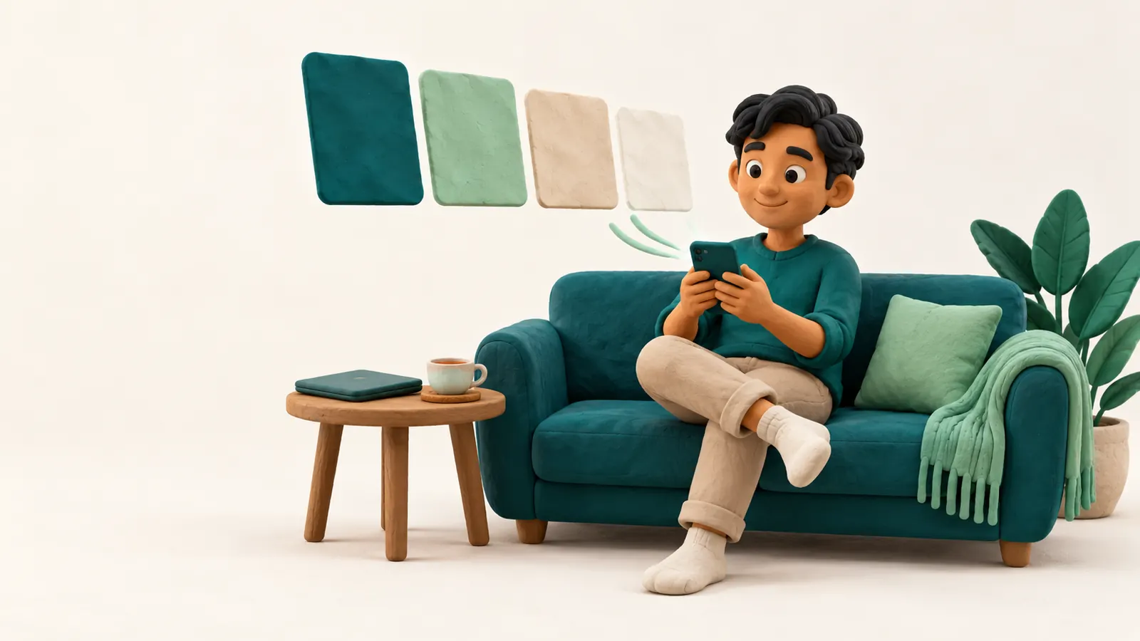 Clay-style illustration of a young man on a teal sofa working on a smartphone while four blank slide cards in teal, mint, beige and white float above him, with a closed laptop and a cup on a small side table