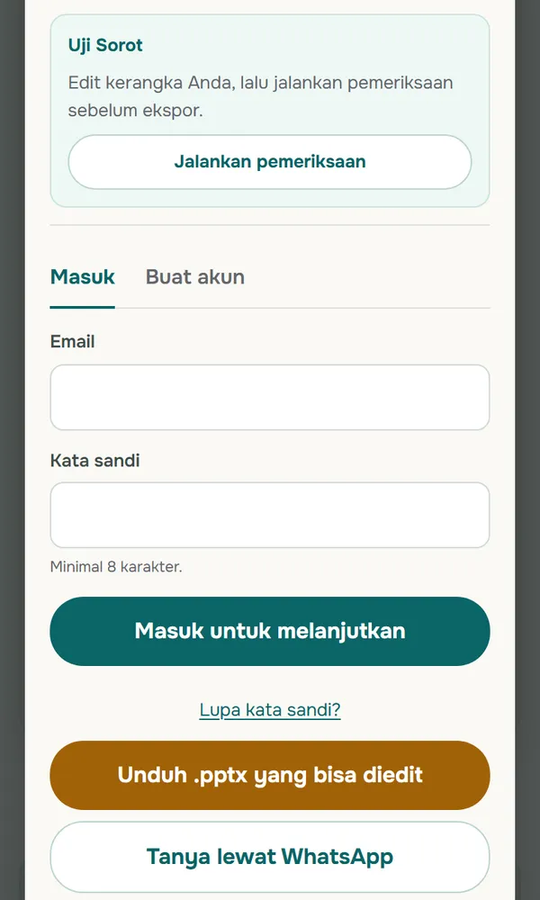 Tangkapan layar ponsel bagian bawah jendela kerangka Soluslide: kotak Uji Sorot dengan tombol Jalankan pemeriksaan, tab Masuk dan Buat akun dengan kolom email dan kata sandi kosong, tombol Masuk untuk melanjutkan, tombol Unduh .pptx yang bisa diedit, dan tombol Tanya lewat WhatsApp