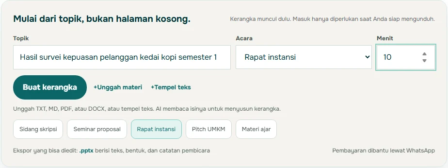 Tangkapan layar formulir Soluslide berjudul Mulai dari topik, bukan halaman kosong, dengan topik Hasil survei kepuasan pelanggan kedai kopi semester 1, acara Rapat instansi, 10 menit, tombol Buat kerangka, tautan Unggah materi dan Tempel teks, serta pilihan Sidang skripsi, Seminar proposal, Rapat instansi, Pitch UMKM, dan Materi ajar