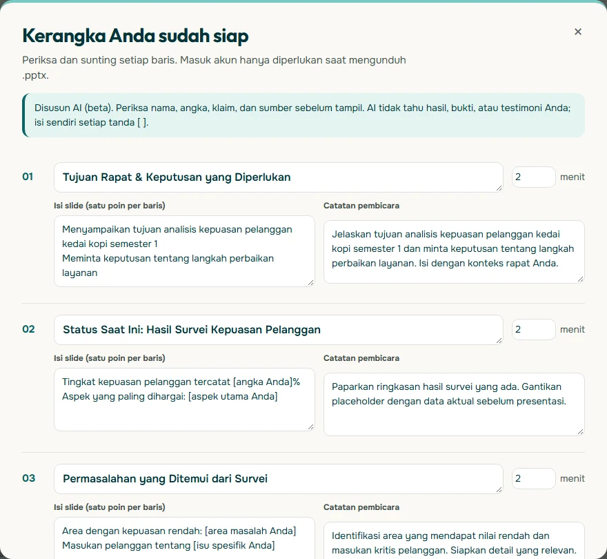 Tangkapan layar modal Kerangka Anda sudah siap di Soluslide dengan catatan Disusun AI (beta), slide 01 Tujuan Rapat dan Keputusan yang Diperlukan, slide 02 Status Saat Ini: Hasil Survei Kepuasan Pelanggan, dan slide 03 Permasalahan yang Ditemui dari Survei, masing-masing 2 menit dengan kolom isi slide dan catatan pembicara
