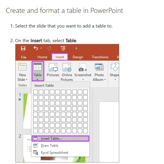 Screenshot of the Microsoft Support page showing the PowerPoint Insert tab with the Table button open, the Insert Table grid, and the Insert Table, Draw Table, and Excel Spreadsheet options