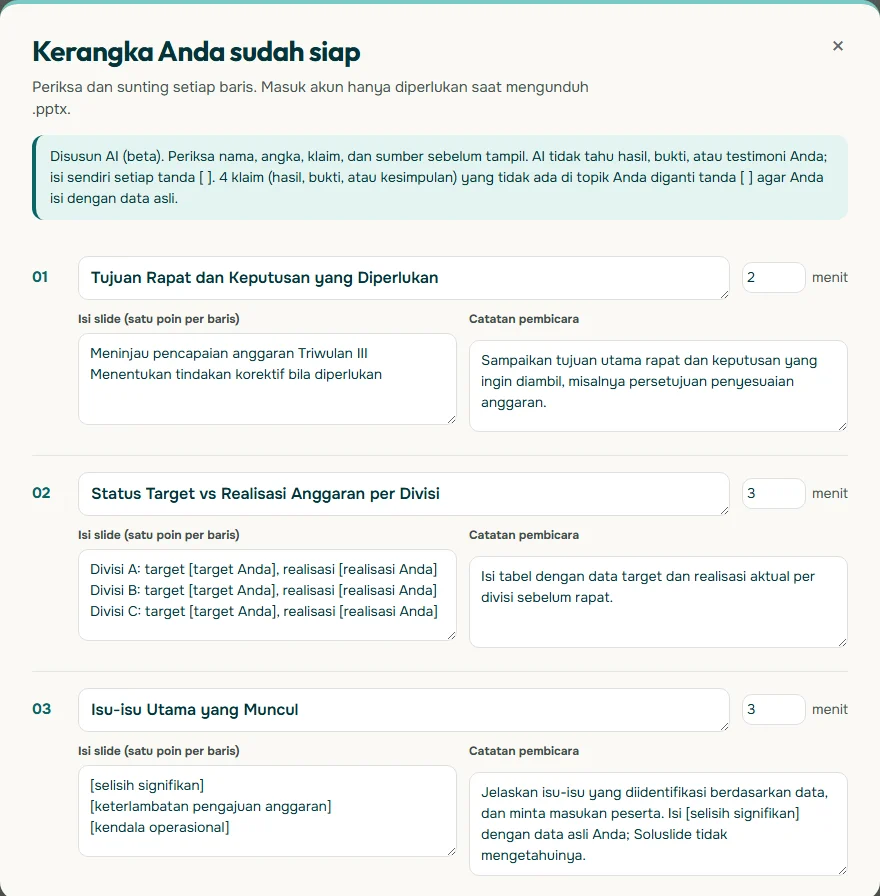 Tangkapan layar jendela Kerangka Anda sudah siap di Soluslide untuk rapat evaluasi anggaran triwulan III, dengan slide Tujuan Rapat, Status Target vs Realisasi Anggaran per Divisi berisi baris Divisi A, B, dan C bertanda isian, serta Isu-isu Utama