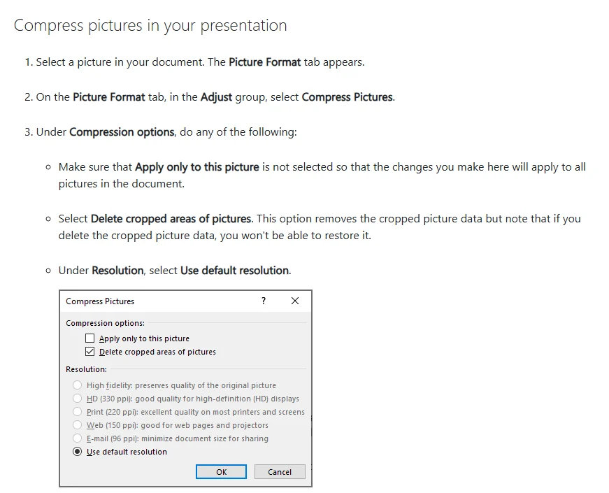 Screenshot of the Microsoft Support section Compress pictures in your presentation, showing three steps and the Compress Pictures dialog with compression options and resolution choices
