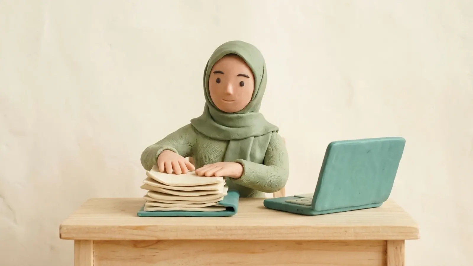 Ilustrasi tanah liat seorang mahasiswi berhijab hijau di meja kayu sedang menekan tumpukan lembar berkas presentasi di atas sebuah map tipis berwarna teal, dengan laptop terbuka di sebelahnya