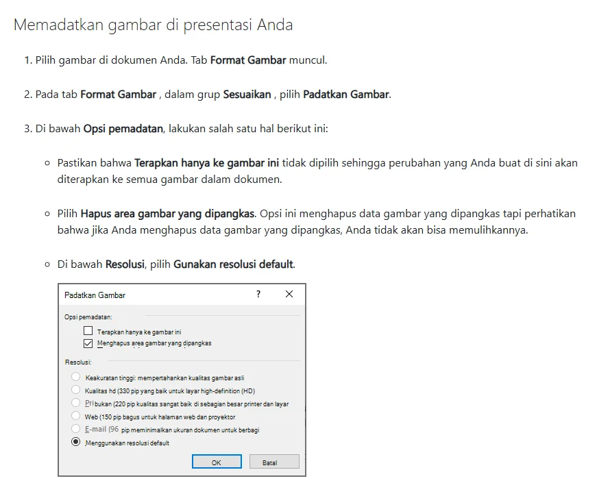 Tangkapan layar halaman Microsoft Support bagian Memadatkan gambar di presentasi Anda, berisi tiga langkah dan kotak dialog Padatkan Gambar dengan opsi pemadatan dan daftar resolusi