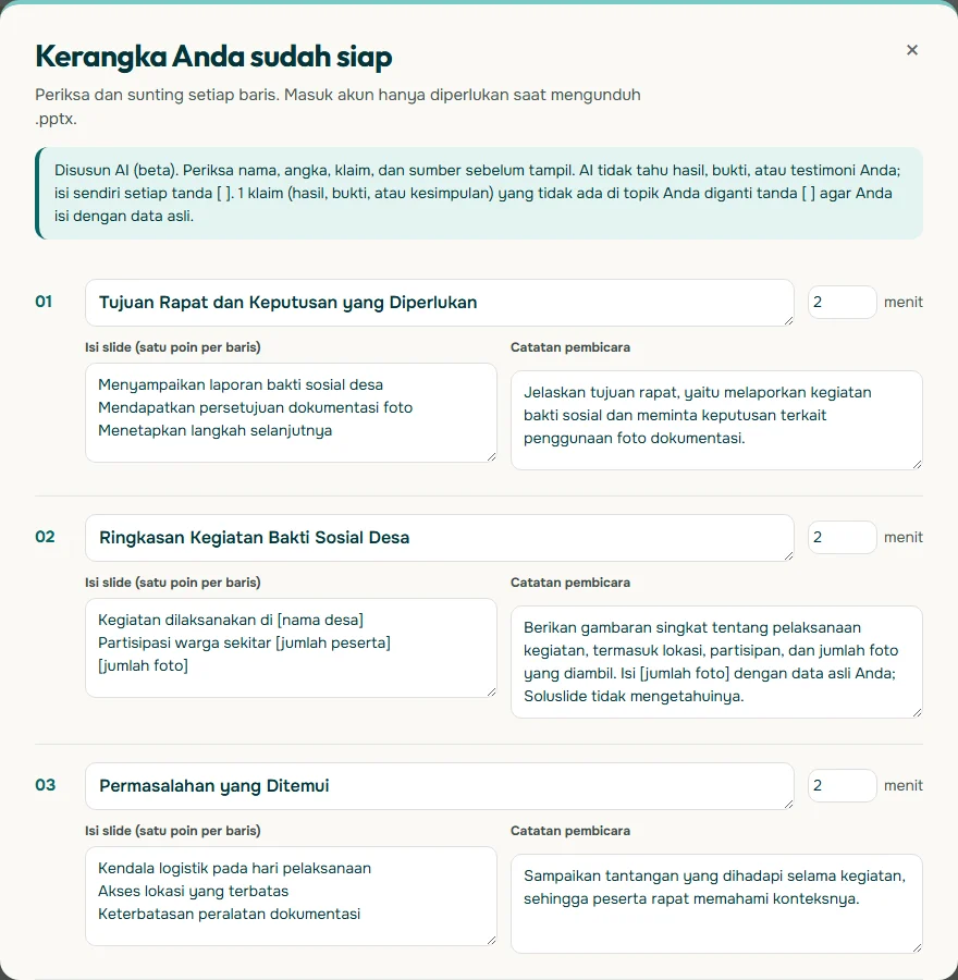 Tangkapan layar jendela Kerangka Anda sudah siap di Soluslide untuk laporan kegiatan bakti sosial desa, berisi slide 01 sampai 03 dengan judul, isi slide, catatan pembicara, dan durasi 2 menit