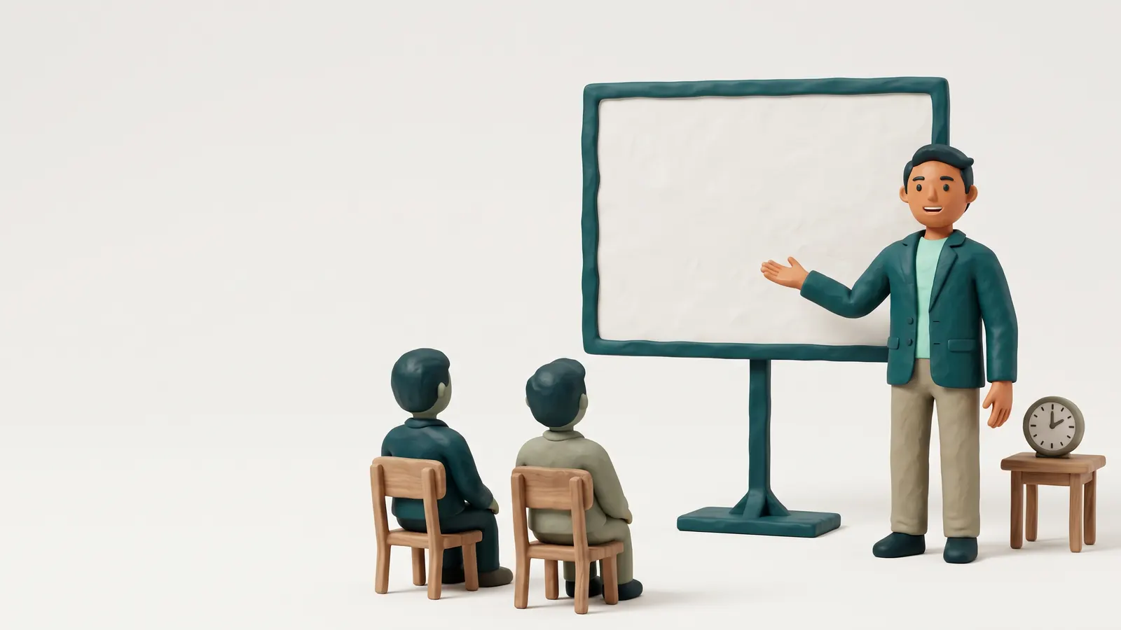 Clay-style illustration of a smiling presenter in a teal blazer gesturing toward a blank screen on a stand, with two audience members seated on wooden chairs facing it and a small clock on a side table