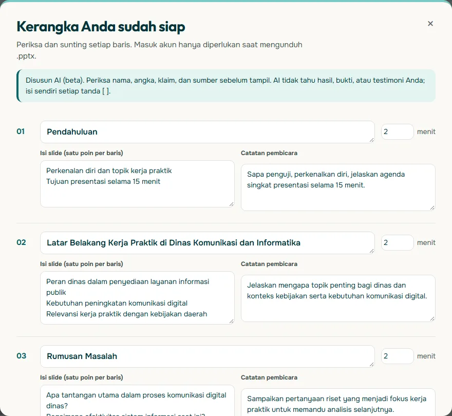 Tangkapan layar modal Kerangka Anda sudah siap di Soluslide dengan catatan Disusun AI (beta), slide 01 Pendahuluan 2 menit, slide 02 Latar Belakang Kerja Praktik di Dinas Komunikasi dan Informatika 2 menit, dan slide 03 Rumusan Masalah 2 menit, masing-masing dengan kolom isi slide dan catatan pembicara