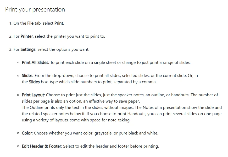 Screenshot of the Microsoft Support section Print your presentation, listing File then Print, choosing a printer, and Settings options: Print All Slides, Slides, Print Layout, Color, and Edit Header and Footer