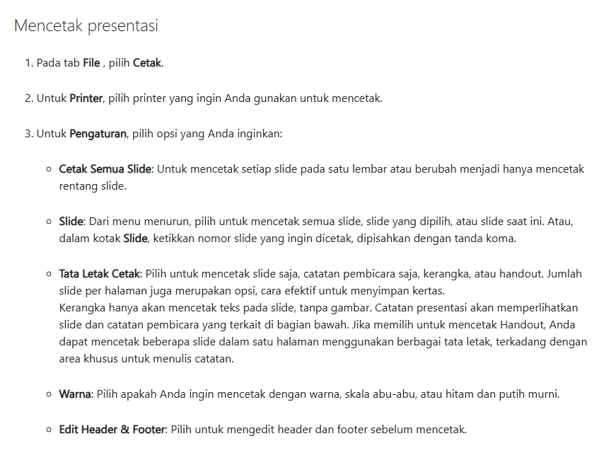 Tangkapan layar halaman Microsoft Support berbahasa Indonesia bagian Mencetak presentasi, berisi langkah File lalu Cetak, memilih printer, dan opsi Pengaturan: Cetak Semua Slide, Slide, Tata Letak Cetak, Warna, serta Edit Header dan Footer