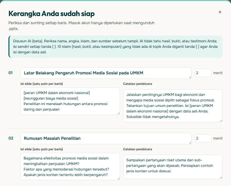 Tangkapan layar jendela Kerangka Anda sudah siap di Soluslide untuk sidang skripsi tentang pengaruh promosi media sosial pada UMKM, berisi slide Latar Belakang dan Rumusan Masalah Penelitian dengan kolom Isi slide dan Catatan pembicara