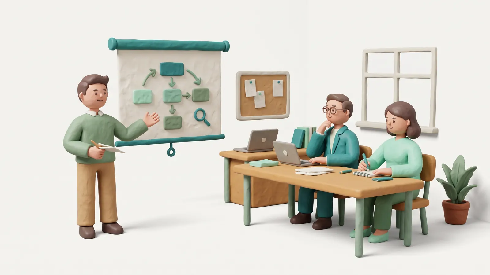Ilustrasi seorang presenter memegang kartu catatan sambil menjelaskan diagram alur di layar proyeksi kepada dua pendengar yang duduk di meja dengan laptop