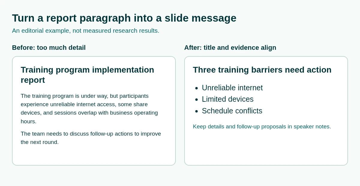Before-and-after comparison of a crowded training report slide and a light-background slide titled Three training barriers need action, with short points on internet, devices, and scheduling