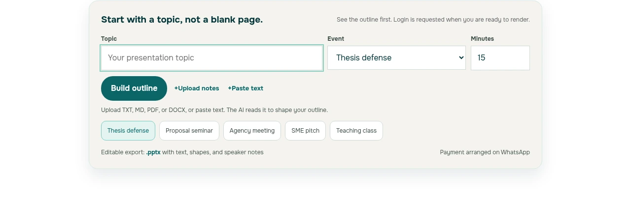 Public English presentation entry form with an empty topic field, Thesis defense selected, Minutes set to 15, and Build outline, Upload notes, and Paste text controls