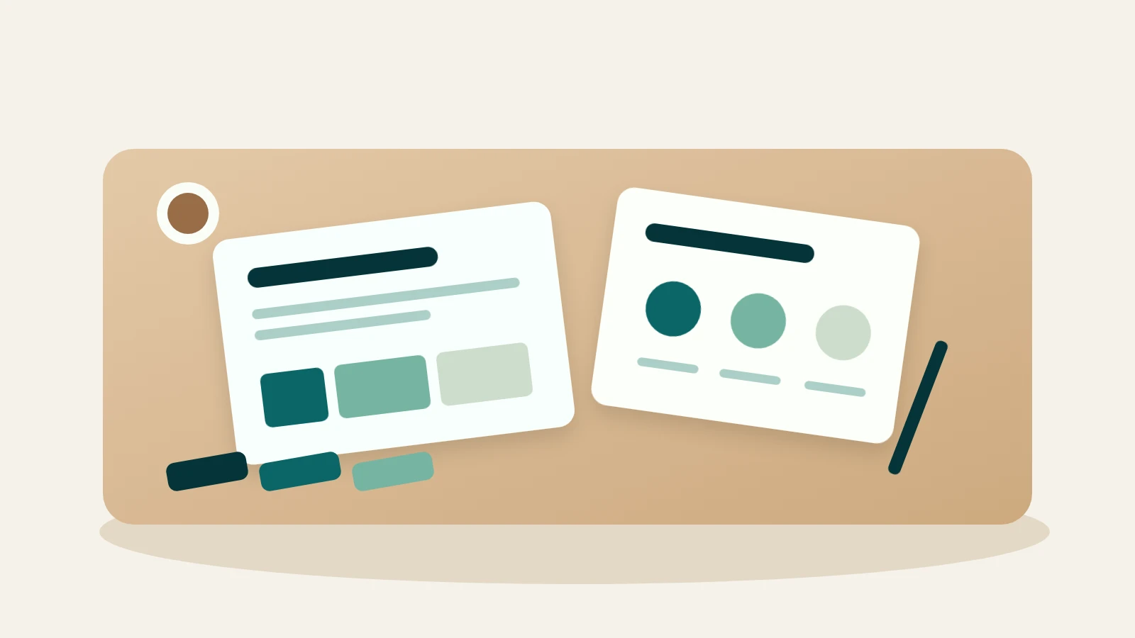 Concept illustration of two blank slide cards on a wooden desktop, with teal title bars, blocks, circles, color swatches, a pencil, and a cup