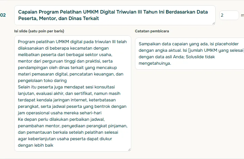 Editor kerangka berbahasa Indonesia menampilkan slide 02 dengan judul laporan pelatihan UMKM yang panjang, isi berupa paragraf, catatan pembicara, dan durasi 2 menit