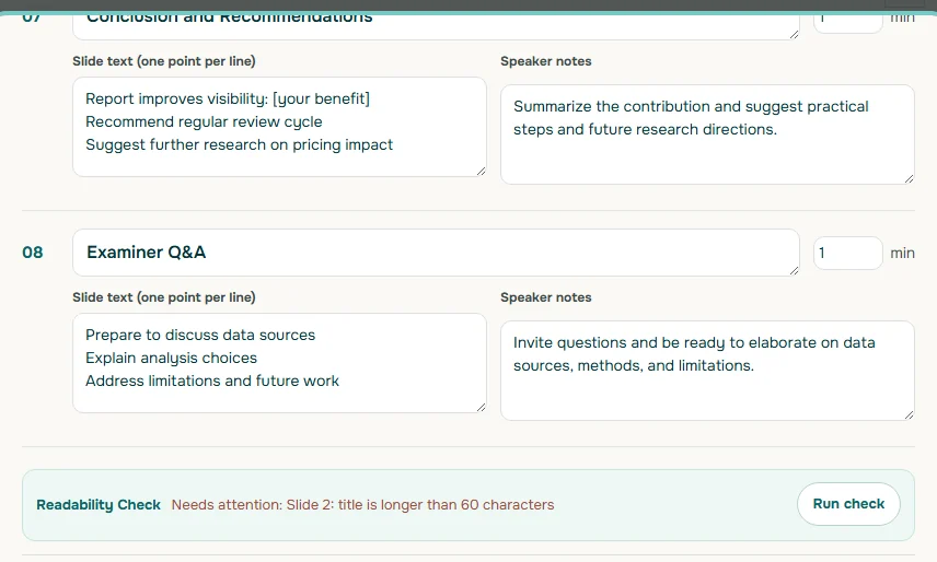 Soluslide outline editor with the Readability Check box reading needs attention, slide 2 title is longer than 60 characters