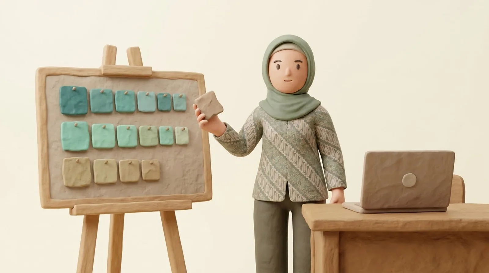 Clay-style illustration of a woman in a sage green hijab and batik blouse holding a clay tile beside a presentation board with rows of colored tiles, with a laptop on a wooden desk