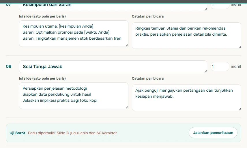 Editor kerangka Soluslide dengan kotak Uji Sorot bertuliskan perlu diperbaiki, slide 2 judul lebih dari 60 karakter