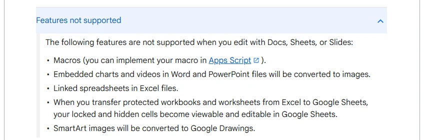 The Features not supported section of the Work with Office files help page listing macros, embedded charts and videos converted to images, linked spreadsheets, protected workbooks, and SmartArt converted to Google Drawings