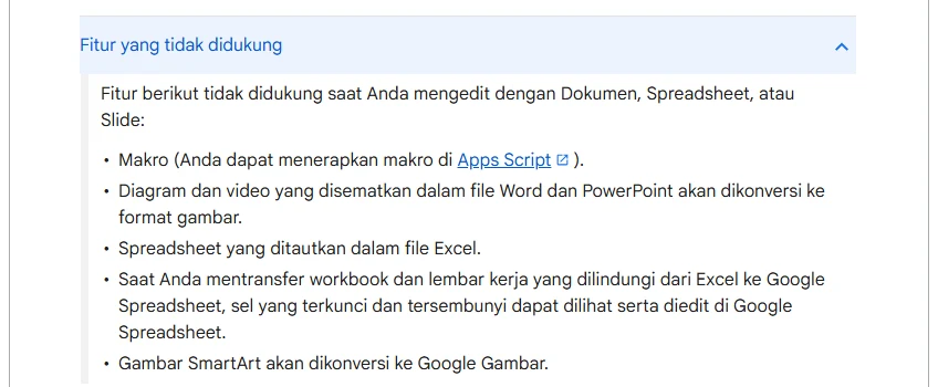 Bagian Fitur yang tidak didukung di halaman Bekerja dengan file Office: makro, diagram dan video tersemat yang dikonversi ke format gambar, spreadsheet tertaut, lembar kerja terlindungi, dan SmartArt yang dikonversi ke Google Gambar