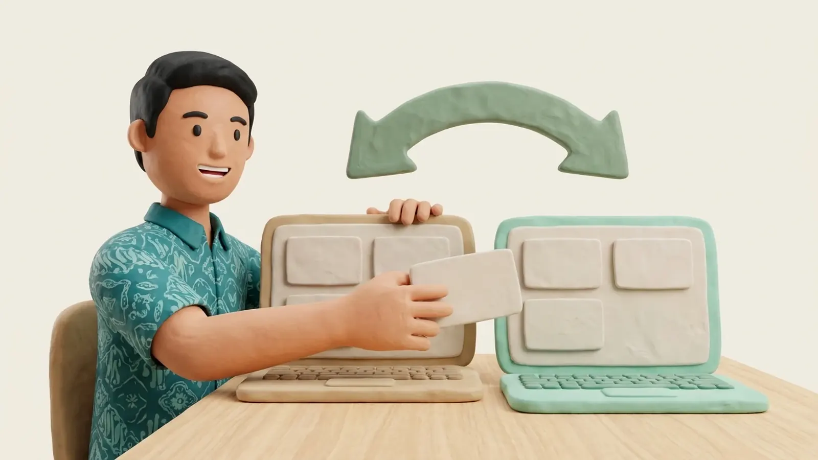 Clay-style illustration of a young man in a teal batik shirt carrying a slide card from a sand-colored laptop to a mint-colored laptop, with a sage green two-way arrow arching above both laptops