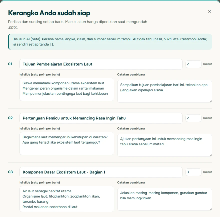 Editor kerangka Soluslide berjudul Kerangka Anda sudah siap untuk materi ekosistem laut kelas 5 SD, berisi slide Tujuan Pembelajaran Ekosistem Laut, Pertanyaan Pemicu untuk Memancing Rasa Ingin Tahu, dan Komponen Dasar Ekosistem Laut Bagian 1, masing-masing dengan isi slide, catatan pembicara, dan kolom menit