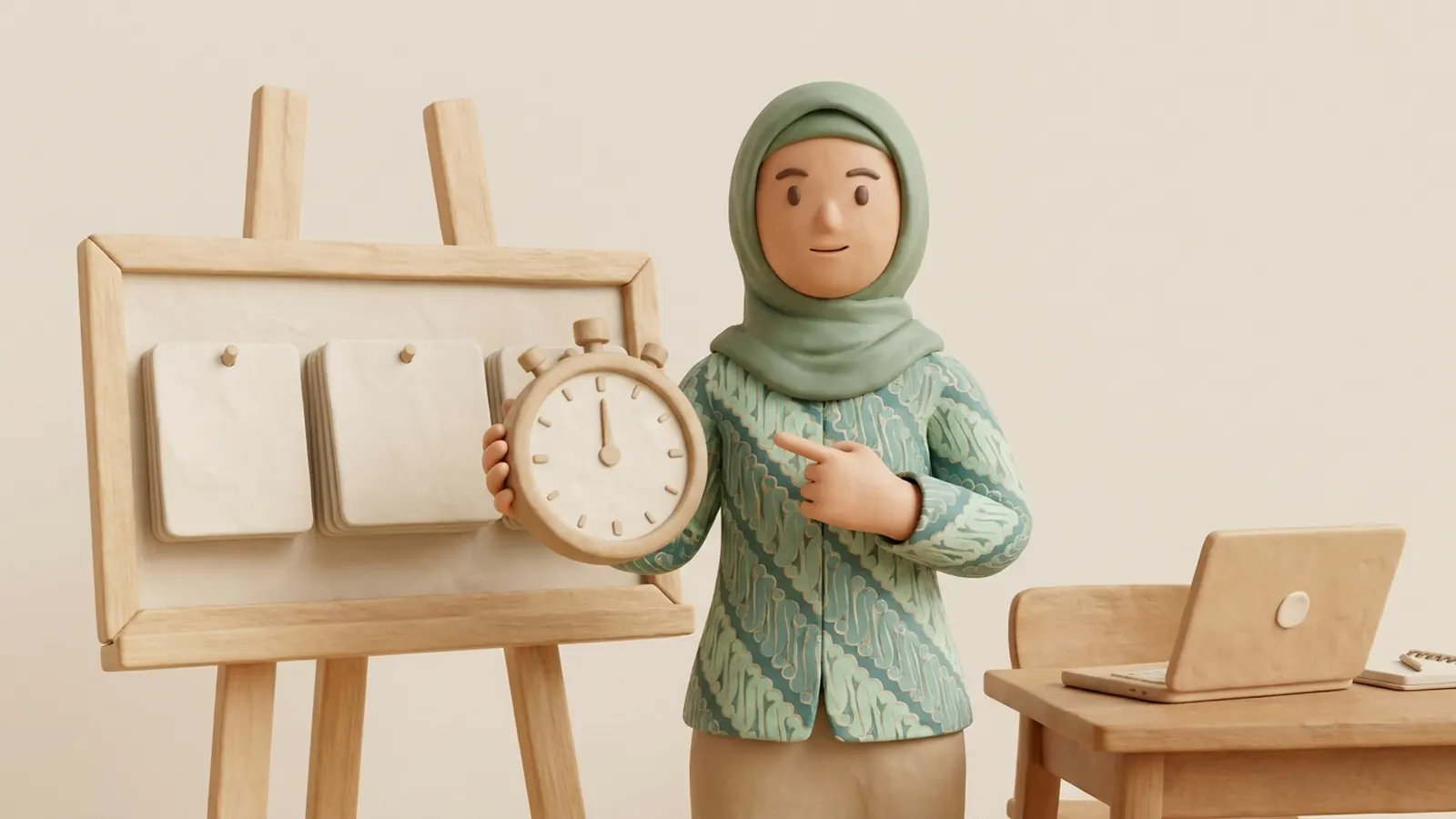 Ilustrasi gaya tanah liat seorang perempuan muda berhijab hijau sage dan berbaju batik memegang stopwatch besar sambil menunjuk deretan kartu slide kosong di papan kayu, dengan laptop di meja sebelahnya