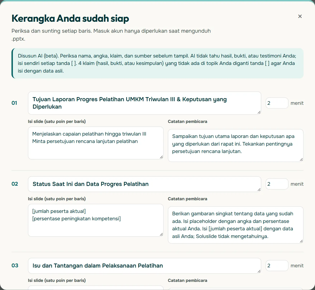 Editor kerangka Soluslide menampilkan slide berjudul Tujuan Laporan Progres Pelatihan UMKM Triwulan III dan Keputusan yang Diperlukan, Status Saat Ini dan Data Progres Pelatihan, serta Isu dan Tantangan, masing-masing dengan kolom 2 menit