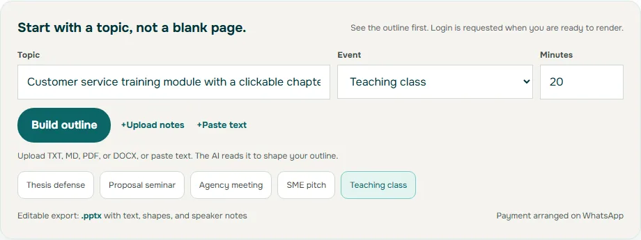Screenshot of the Soluslide Start with a topic form filled in with the topic customer service training module with a clickable chapter menu, event Teaching class, 20 minutes, a Build outline button, and a note on editable pptx export