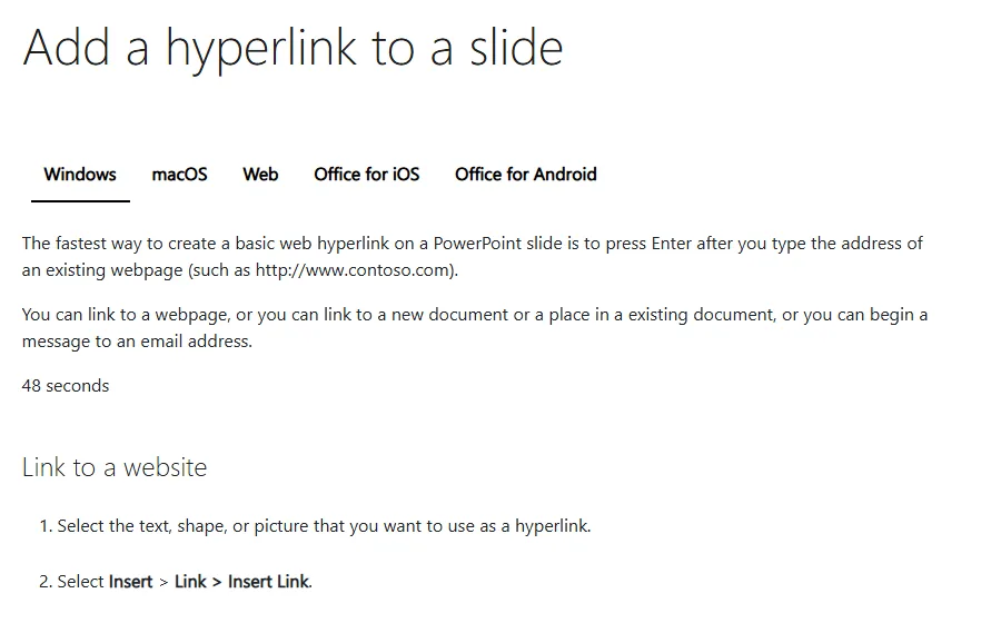 Screenshot of the Microsoft Support page Add a hyperlink to a slide, showing tabs for Windows, macOS, Web, Office for iOS and Android, the tip that pressing Enter after typing a web address creates a link, and the Link to a website steps through Insert, Link, Insert Link