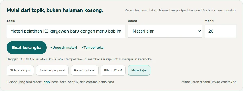 Tangkapan layar formulir Mulai dari topik di Soluslide berisi topik materi pelatihan K3 karyawan baru dengan menu bab interaktif, acara Materi ajar, durasi 20 menit, tombol Buat kerangka, dan keterangan ekspor pptx yang bisa diedit