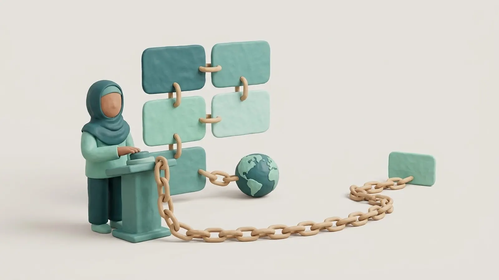 Clay illustration of a woman in a hijab standing beside a presentation board of clay slide cards joined by curved clay chain links, pressing a button connected to a distant slide and to a small clay globe