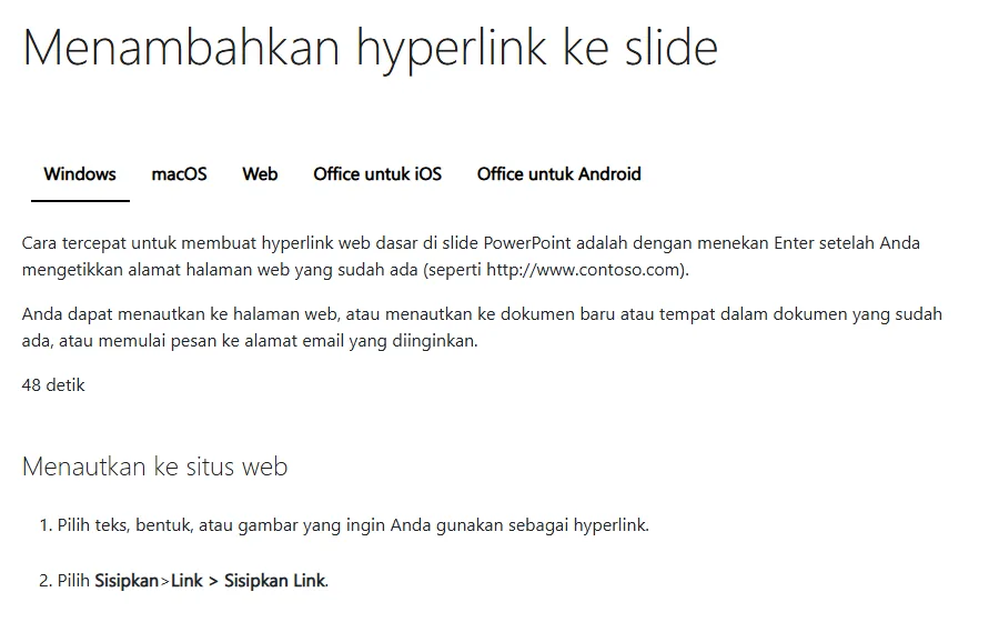 Tangkapan layar halaman Microsoft Support berbahasa Indonesia berjudul Menambahkan hyperlink ke slide, berisi tab Windows, macOS, Web, Office untuk iOS dan Android, penjelasan cara tercepat menekan Enter setelah mengetik alamat web, dan langkah Menautkan ke situs web melalui Sisipkan, Link, Sisipkan Link
