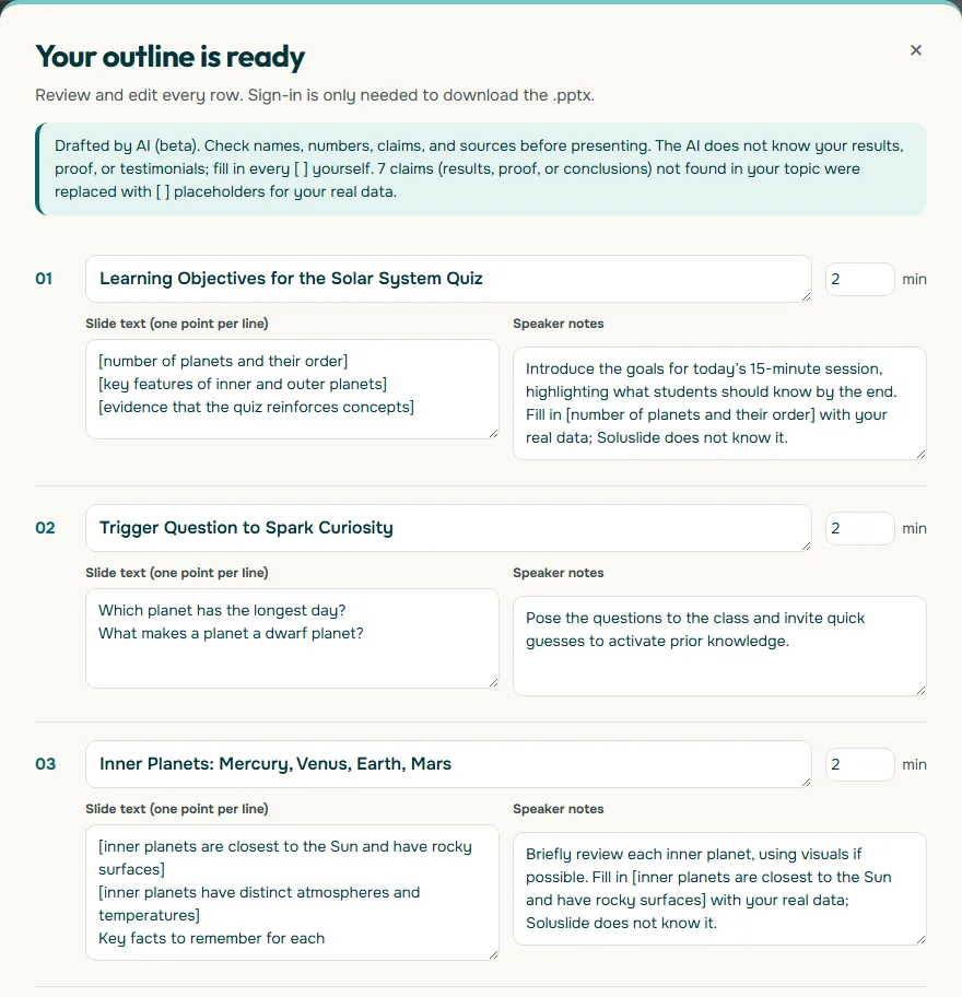 Screenshot of the Your outline is ready window in Soluslide for an interactive solar system quiz for a sixth grade class, showing slide titles, slide text, speaker notes, and minutes per slide
