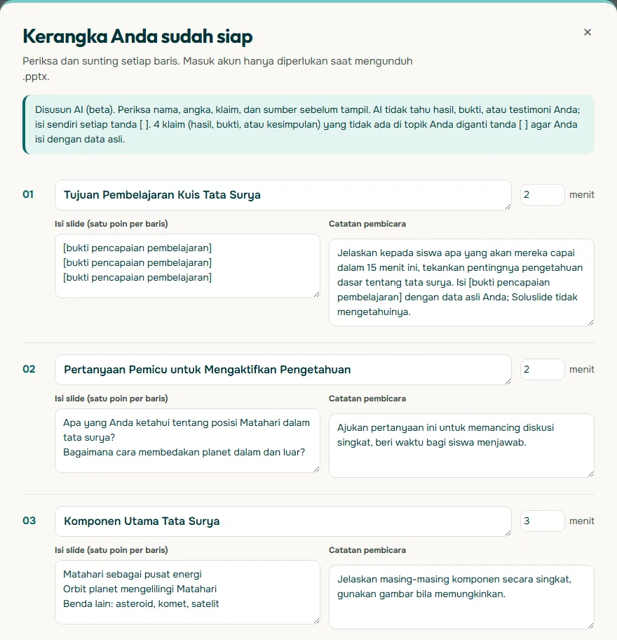 Tangkapan layar jendela Kerangka Anda sudah siap di Soluslide untuk topik kuis interaktif tata surya kelas 6, berisi judul slide, isi, catatan pembicara, dan menit per slide