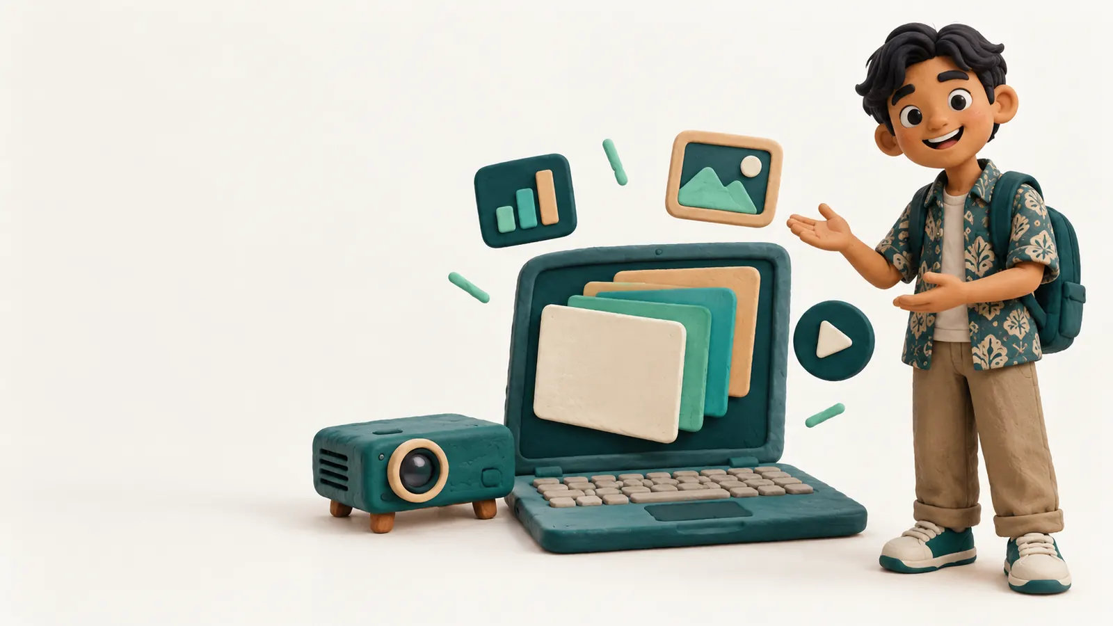 Clay-style illustration of a smiling student with a backpack gesturing toward a large teal laptop whose screen shows a fanned stack of blank slide cards, with a bar chart icon, a picture frame icon, and a play button floating around it and a small projector beside the laptop