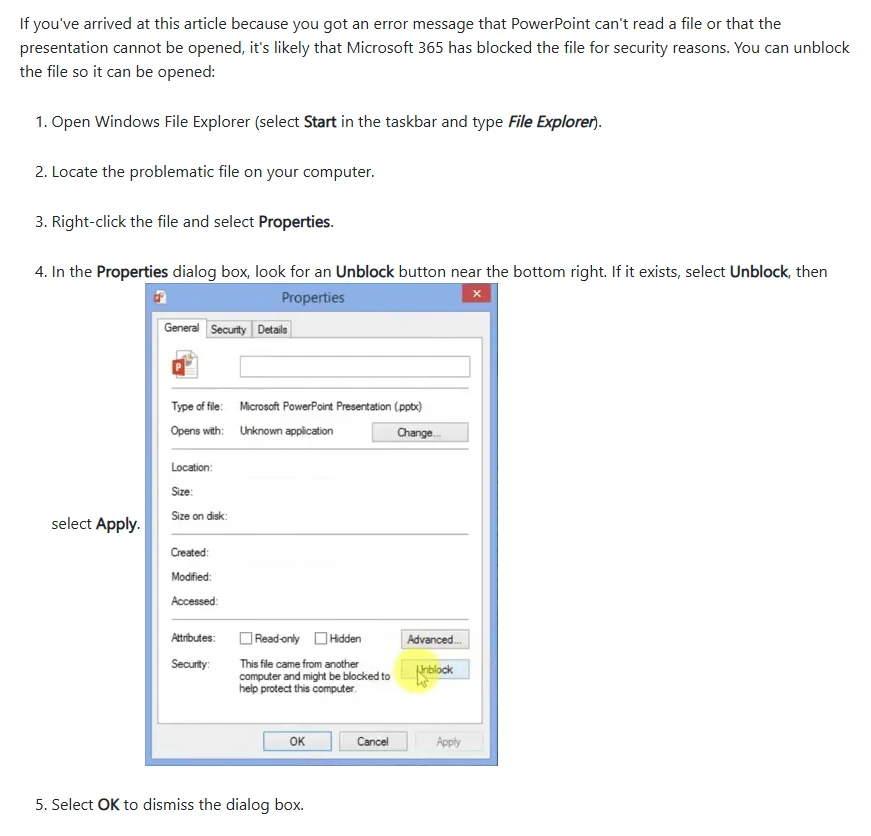 Screenshot of the Microsoft Support page with steps to unblock a PowerPoint file, including an image of the Properties dialog box with the Unblock button highlighted