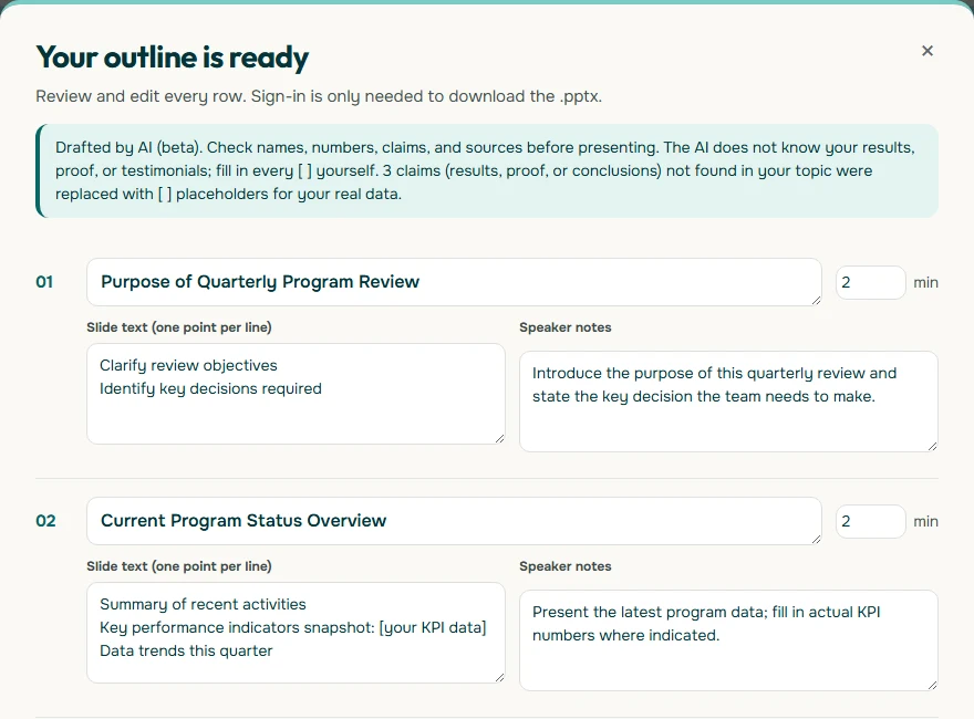 Screenshot of the Your outline is ready window in Soluslide showing slides 1 to 3 for a quarterly program review, each with a title, a 2 minute duration, slide text, and speaker notes